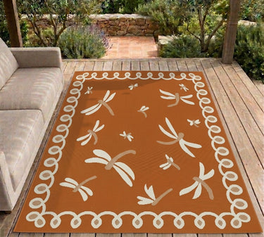 New Terrace Dragonfly Terracotta Polypropylene Bordered Modern Rug - Small 80x150 cm (2'6"x5')