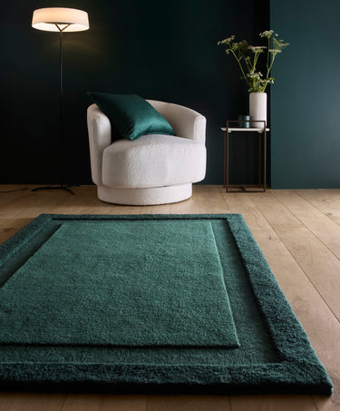 Origins Stacked Border Dark Green Wool Textured Bordered Rug - X-Large 200x290 cm (6'7"x9'6")