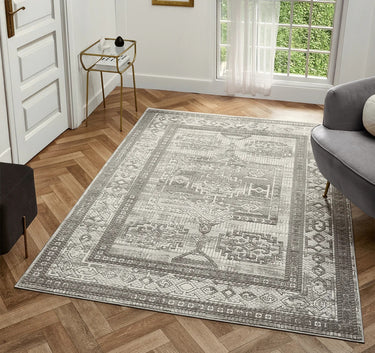 Petra Ellorah Classic Heritage Grey Polypropylene Traditional Textured Bordered Hallway Runner Rug - Medium 120x170 cm (4'x5'6")