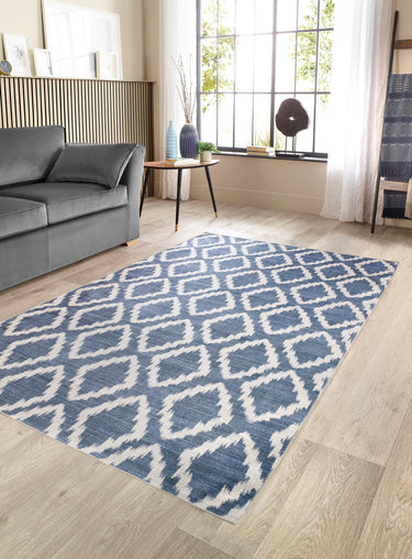 Origins Washable Como Diamond Soft Chenille Bohomian Rug in Blue 160 x 230 cm - Large 160x230 cm (5'3"x7'7")