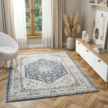 URCO Nova Nico Navy Blue Polypropylene Traditional Vintage Bordered Rug - Small 80x150 cm (2'6"x5')