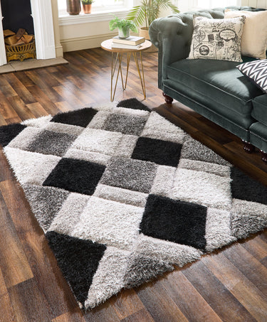 Origins 3D Geo Silky Diamond Grey Black Hand-Carved Shaggy Geometric Rug - Small 80x150 cm (2'6"x5')