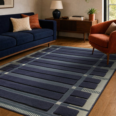 Fable Navy Blue Hand-Tufted Wool Checked Rug - lifestyle view