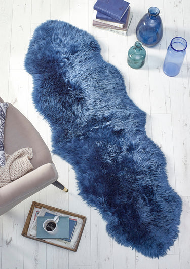 Genuine Animal Fur Soft Navy Blue Wool Sheepskin Shaggy Textured Rug - Double 70x175 cm (2'3"x5'8")