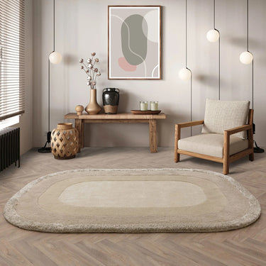 Asiatic London Halo Calico Oval Tufted Ombre Beige Natural Hand-Carved Wool Viscose Bordered Rug - Large 160x230 cm (5'3"x7'7")