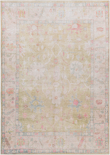 Kemer Vintage Washable Oriental Green, Blue & Dusty Coral Rug - Large Plus 160x213 cm (5'3'' x 7')