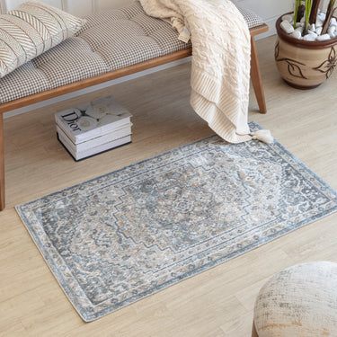 Lillian Traditional Washable Vintage Oriental Blue, Off-White & Terracotta Rug