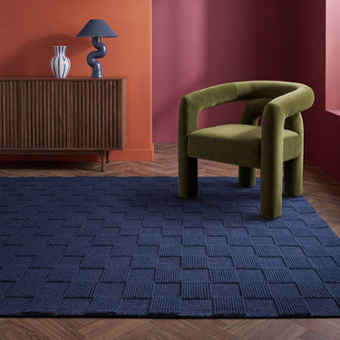 Mercer Cobalt Blue Hand-Woven Wool Checkerboard Rug - lifestyle view
