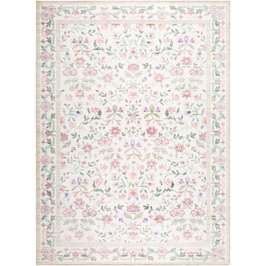 Thistle Floral Washable Modern Pink, White & Green Rug - Large Plus 160x220 cm (5'3'' x 7'3'')
