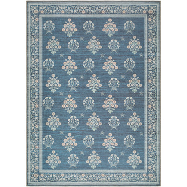 Thistle Floral Washable Modern Blue, White & Green Rug - Large Plus 160x220 cm (5'3'' x 7'3'')