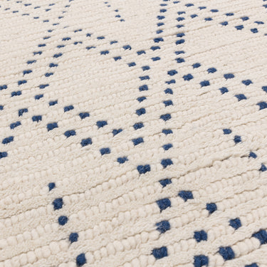 Nepal Cream Blue Diamond Bohomian Berber Hand Woven Wool Fringed Rug