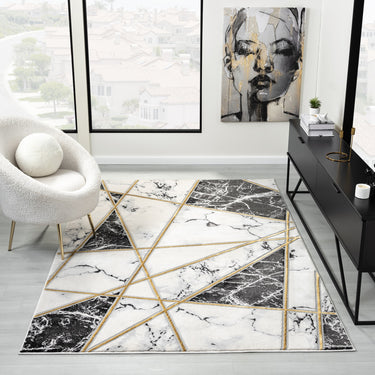 Bianco 185MA Modern Marbled Abstract Black Cream Rug & Hall Runner - Small 80x150 cm (2'6"x5')