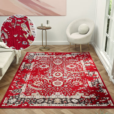 Alia Parisa Red Traditional Vintage Floral Bordered Rug