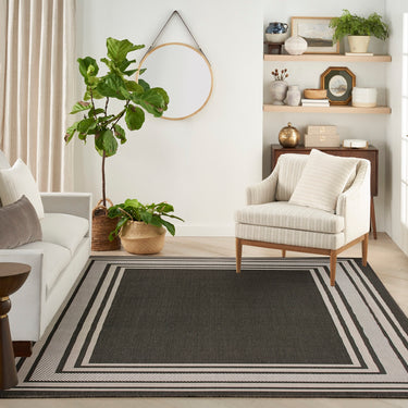Horizon Bordered HOZ03 Black By Indoor Outdoor Polypropylene Geometric Textured Rug