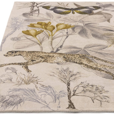 Botany Rug by Clarke & Clarke Exotic Botanical Palm Butterfly Wild Cat Pattern Recycled Fibres Rug in Charcoal Chartreuse