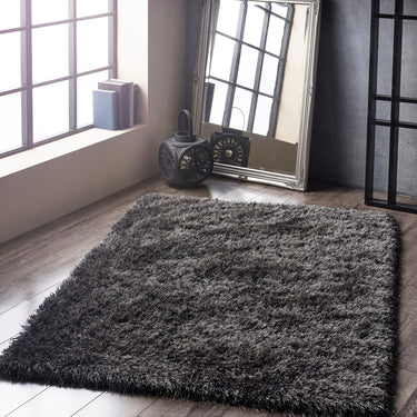 Origins Ritzy Fluffy Silky High Pile Charcoal Grey Shaggy Plain Soft Rug