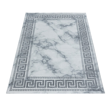 Naxos 3818 Bordered Marble Like Design Gold Silver Rug in White Colour