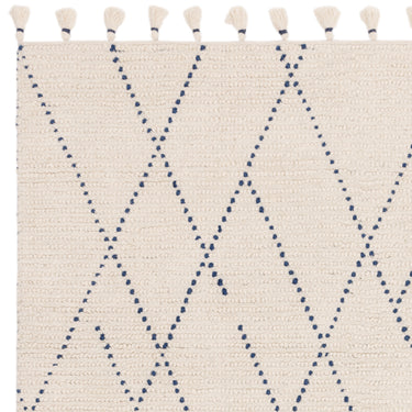 Nepal Cream Blue Linear Bohomian Berber Hand Woven Wool Fringed Rug
