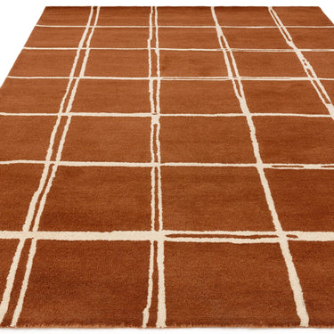 Asiatic London Albany Grid Checkered Lines Orange Rust Wool Traditional Geometric Checked Rug