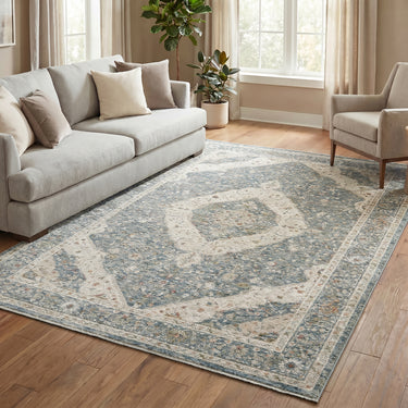Comila COM102 Classic Design Light Blue Traditional Floral Bordered Medallion Rug