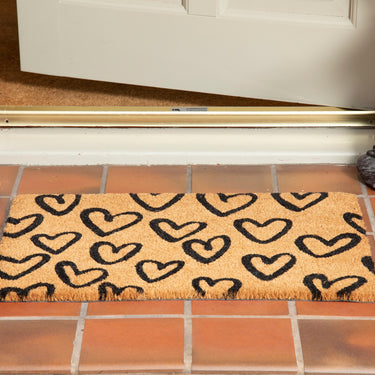 Drawn Hearts Printed Pvc Backed Coir Natural Doormat - 40x60 cm