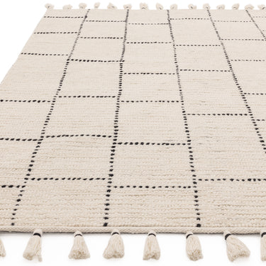 Nepal Cream Black Tile Bohomian Berber Hand Woven Wool Fringed Rug