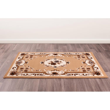 Traditional Poly Sandringham Aubusson Floral Pattern Rug Hallway Round in Beige Taupe