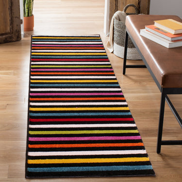 Spectra Carved Stilo Geometric Striped Rainbow Bright Multi Coloured Soft Rug Runner Round