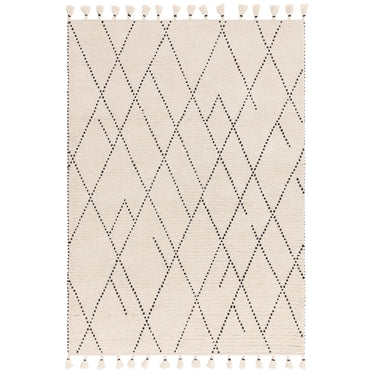 Nepal Cream Black Linear Bohomian Berber Hand Woven Wool Fringed Rug
