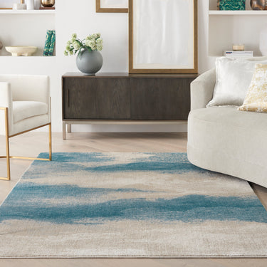 Maxell MAE06 Ivory Teal Cotton Abstract Modern Rug - Large 160x221 cm (5'3"x7'3")