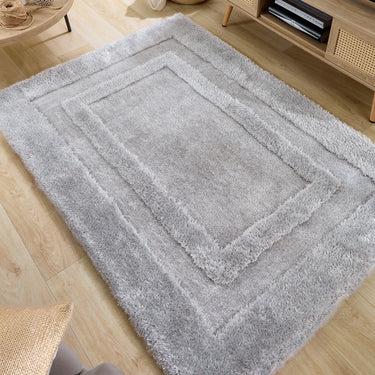 Origins Frame Tufted Silky Thick Silver Shaggy Bordered Modern Rug - Medium 120x170 cm (4'x5'6")