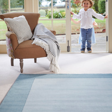 Origins Borders Hand Loom Woven Wool Bordered Rug Hallway in Duck Egg