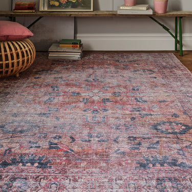 Kaya Sima KY06 Traditional Classic Persian Floral Flatweave Washable Rug in Red Blue