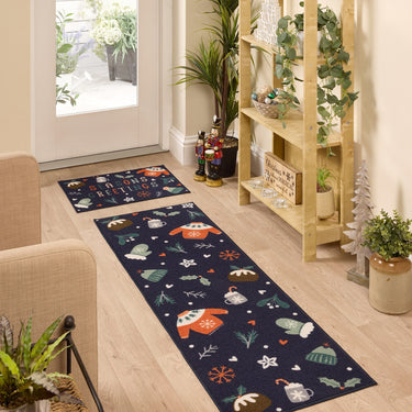 Floormatters Washable Runner and Doormat Set Anti-Slip Seasons Greetings Blue Mat in 40x60 & 50x150 cm