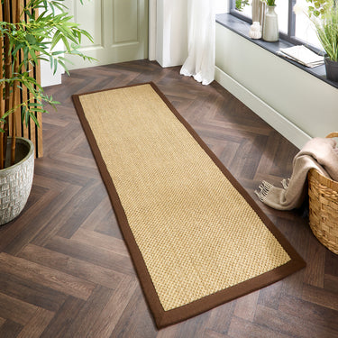 Origins Sisal Border Rug Modern Natural Jute Flatweave Hand Made Rug in Warm Natural with Dark Brown Border