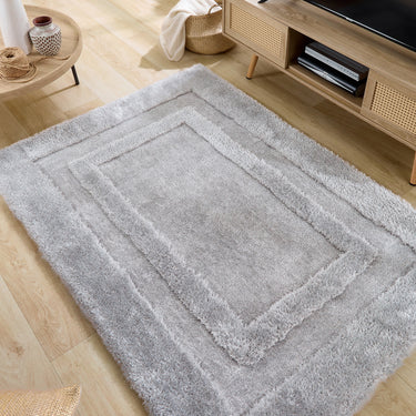 Origins Frame Tufted Silky Thick Silver Shaggy Bordered Modern Rug