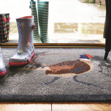 My Nylon Pattern Pheasant Blue Grey Washable Non-Slip Bordered Rug
