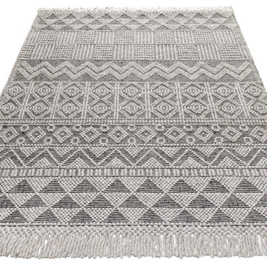 Anya ANR01 Rug Hand Made Wool Geometric Traditional Modern Bohomian Tribal Fringed  Rug in Grey Black