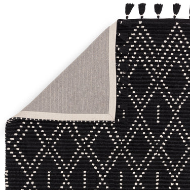 Nepal Black Cream Diamond Bohomian Berber Hand Woven Wool Fringed Rug