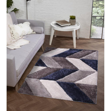 Blazon Modern 3D Hand Carved Geometric Shaggy Super Soft Rug in Blush Pink, Grey, Natural, Ochre Navy Blue