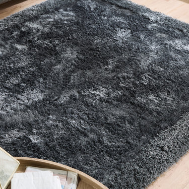Origins Shimmer Silky Tufted Border Fluffy Shag Charcoal Grey Shaggy Bordered Modern Rug