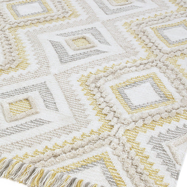 Carlton Hand Woven Geometric Indoor Outdoor Rugs with Tassels in Pink, Mustard and Grey