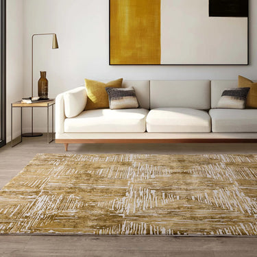 Asiatic London Kuza Portrait New Linear Pattern Gold Yellow Polypropylene Abstract Textured Distressed Rug