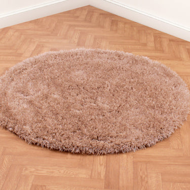 Boston Plain Thick Soft Fluffy Plush Silky Sparkle Shaggy Rug Round in Latte