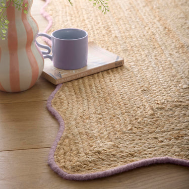 Origins Jute Natural Hand Made Stitched Scalloped Edge Lilac Rug or Hallway Runner