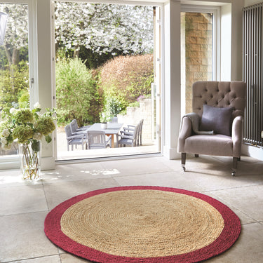 Jute Bordered Rug Indoor Outdoor Handmade Braid Stitched Raspberry Rug - Circle 150x150 cm (5'x5')