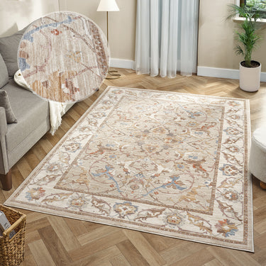 Alia Keyon Beige Cream Traditional Floral Bordered Rug