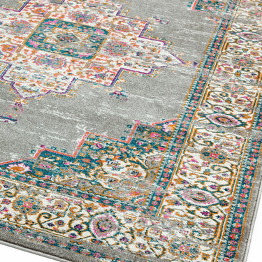 Colt Medallion Traditional Bordered Rugs in Grey and Fuchsia