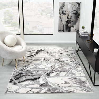 Marbled Bianco 224RA Cream Silver Polypropylene Abstract Geometric Rug - X-Large 200x290 cm (6'7"x9'6")