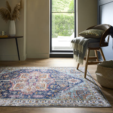 Origins Granada Emerald Blue Green Washable Non-Slip Cotton Chenille Rug